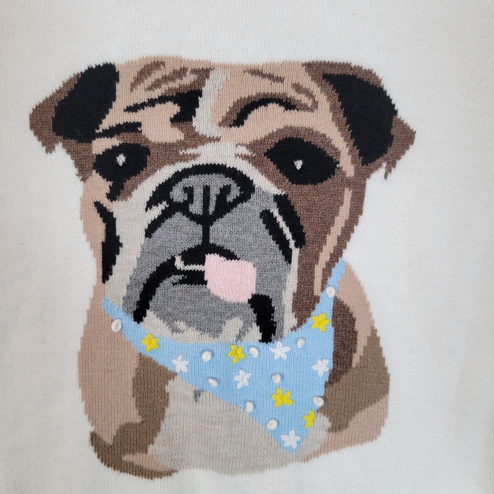 Lisa Todd Womens Bulldog Lover Knit Cotton Sweater Top Size Small White Animal - Picture 5 of 11